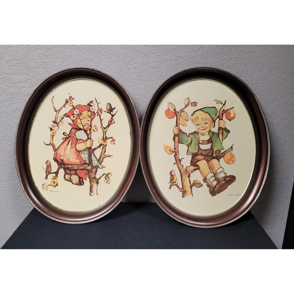 Vintage 1982 Hummel Metal Tin Serving Trays Set Apple Tree Boy & Girl Toleware